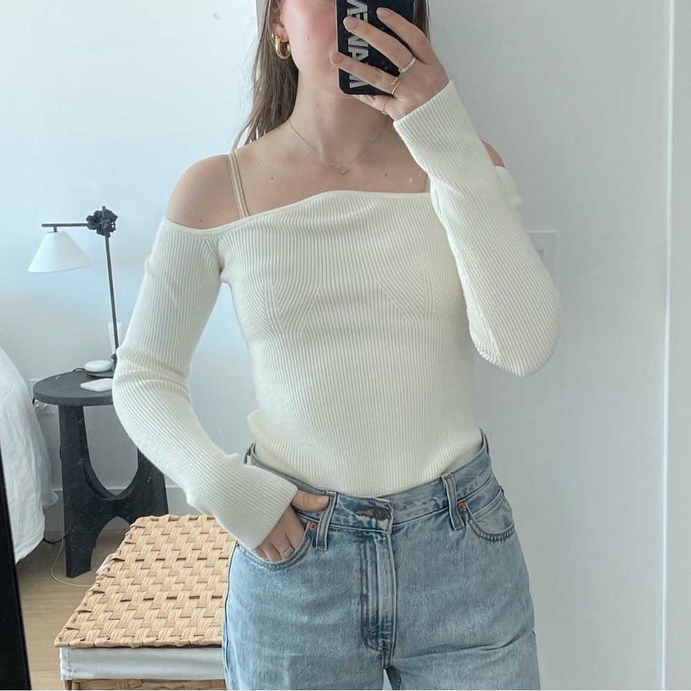 Knit long sleeve off shoulder top